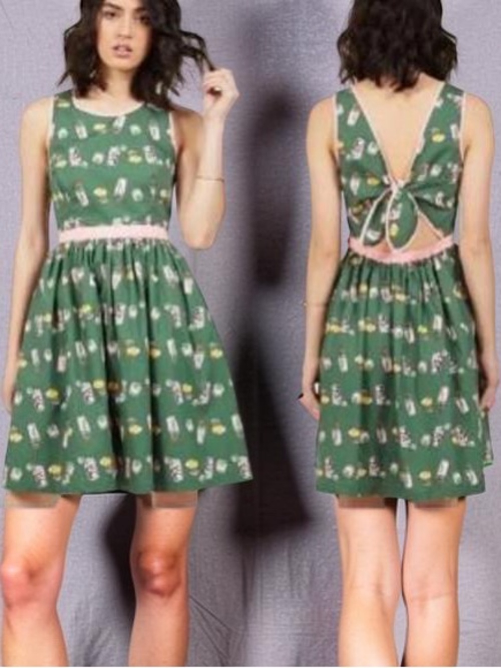 ModCloth Green Novelty Cocktail Drink Print Fit & Flare Dress NWOT Size M